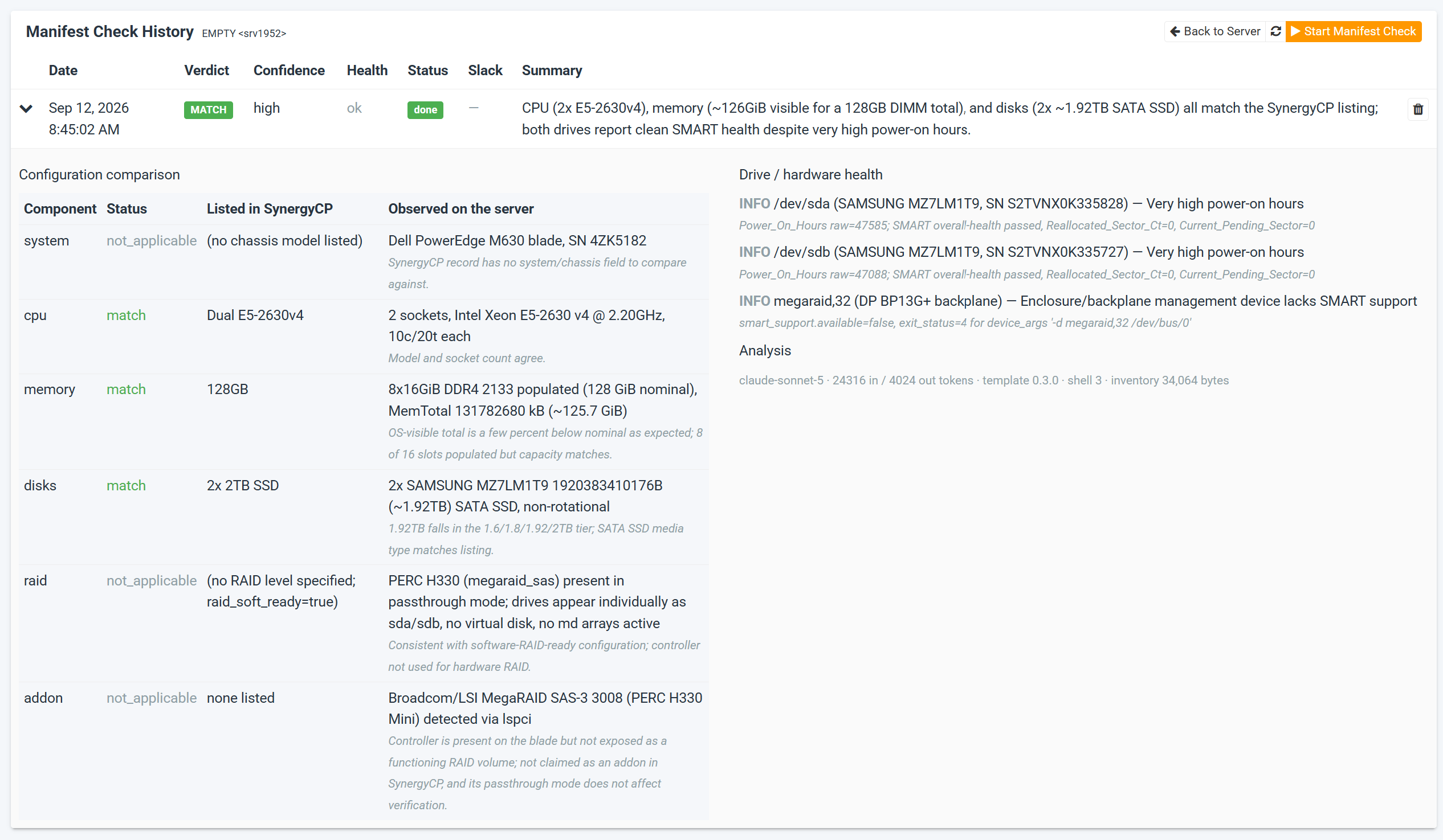 The Manifest Check History page for one server, expanded to show the configuration comparison and drive health findings