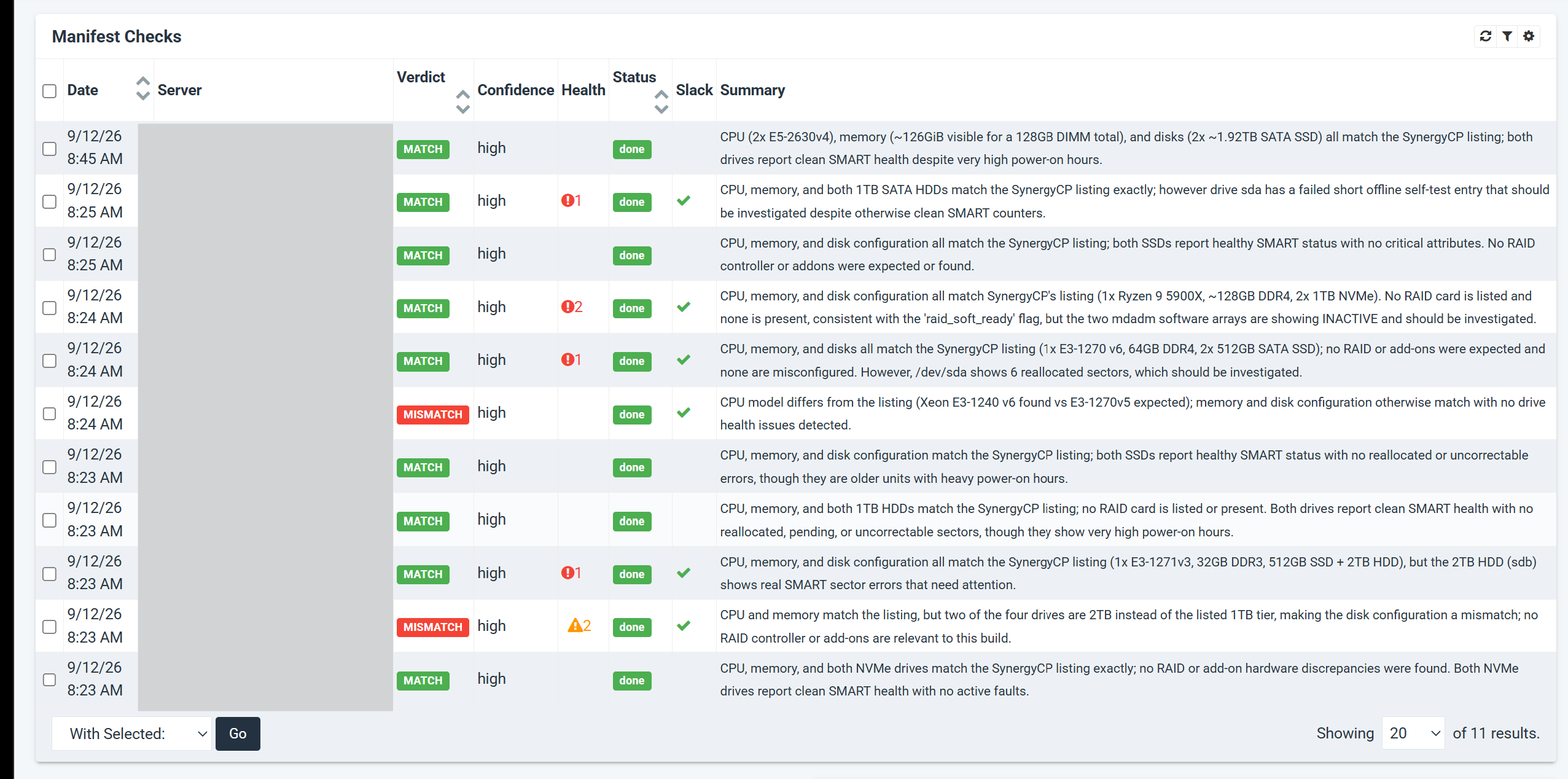 The fleet-wide Manifest Checks list showing a mix of MATCH and MISMATCH verdicts with health counts