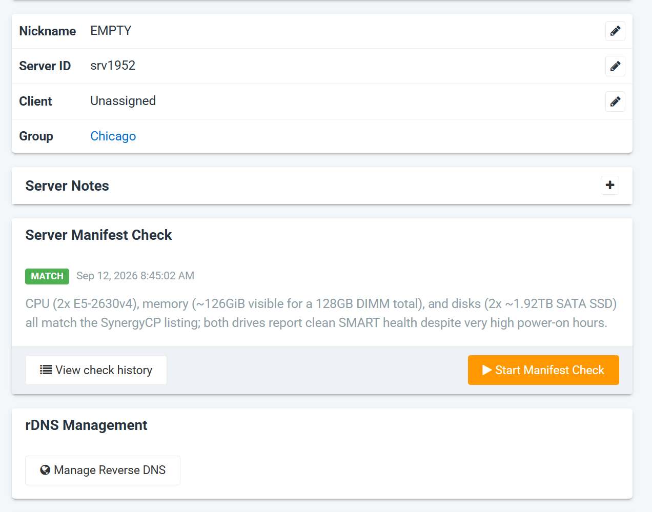 The Server Manifest Check panel on a server page, showing a MATCH verdict and the Start Manifest Check button