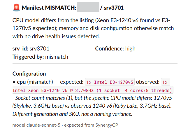 A Slack message reporting a manifest MISMATCH because the CPU model differs from the listing